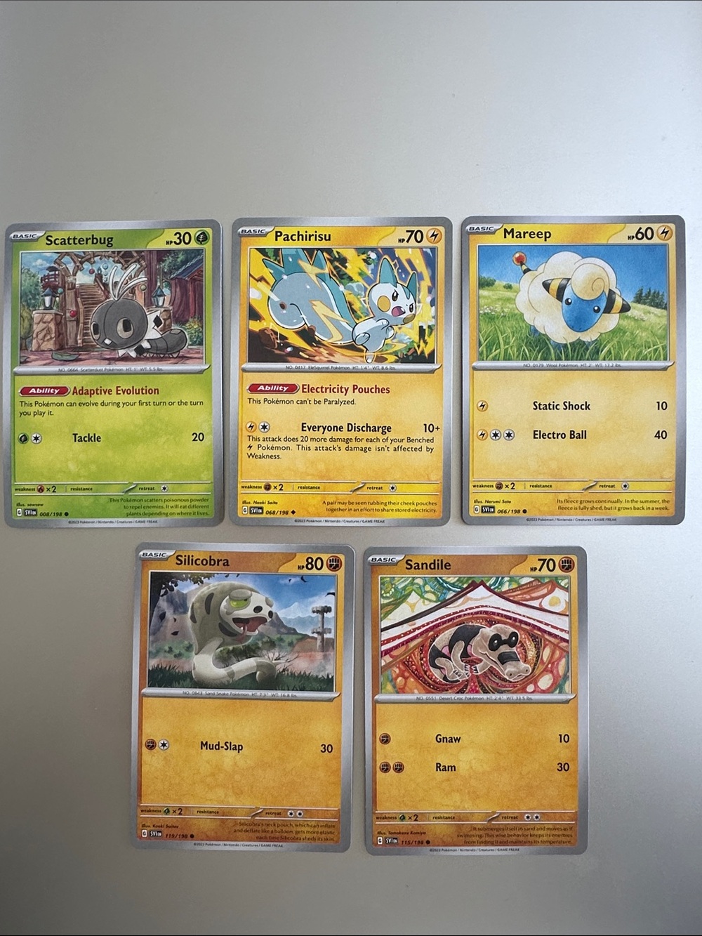 Pokémon Cards (Lot of 5) - Pachirisu, Scatterbug, Mareep, Silicobra, Sandile
